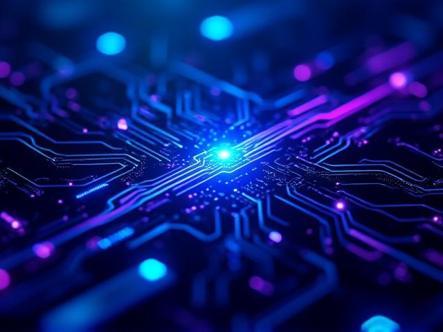 Abstract podcast cover art with futuristic elements, circuit board patterns, and glowing blue lines, representing technology and innovation.