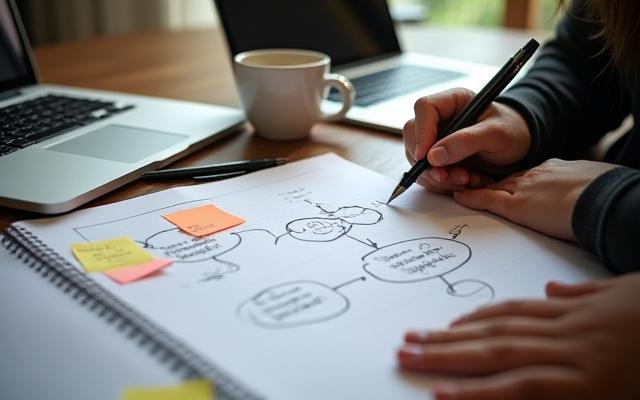Person som skriver på et notatark med ideer til podcastinnhold